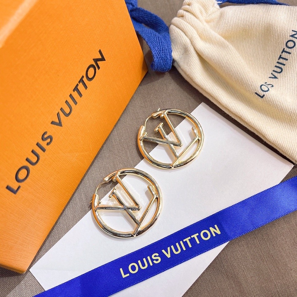 LOUIS VUITTON Khuyên Tai Tròn Mạ Bạc S925 Họa Tiết Chữ LV Sang Trọng Dành Cho Nữ