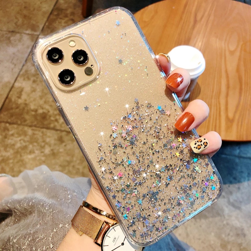 Ốp Điện Thoại Dẻo Trong Suốt Đính Sequin Lấp Lánh Sang Trọng Cho iPhone 11 12 13 14 Pro Max XR XS 7 8 Plus