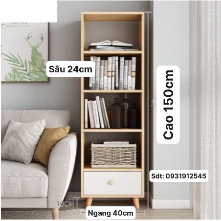 Kệ gỗ Trang Trí , Kệ sách gỗ MDF 5 tầng có ngăn tủ cao cấp phong cách Bắc Âu 150x40x24cm KTT05