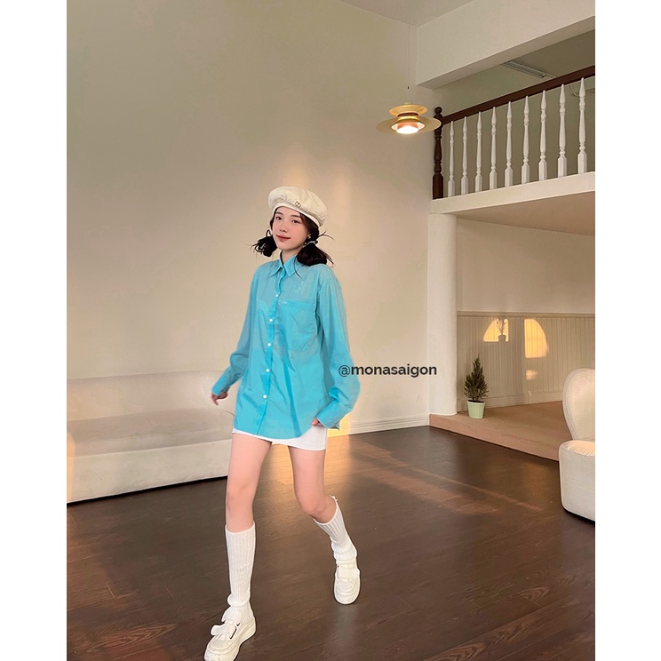 MONÁ - Áo sơmi freesize form rộng Hàn Quốc trắng/xanh mint - PAPA SHIRT
