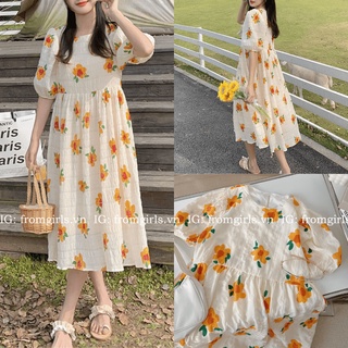 Váy babydoll hoa vàng, đầm hoa babydoll dáng rộng tay phồng 2 lớp dày dặn - V79
