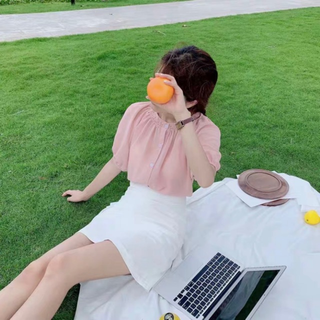 Áo voan chifon cổ tròn tay bồng nhún cổ  AJJ Hàng Quảng Châu