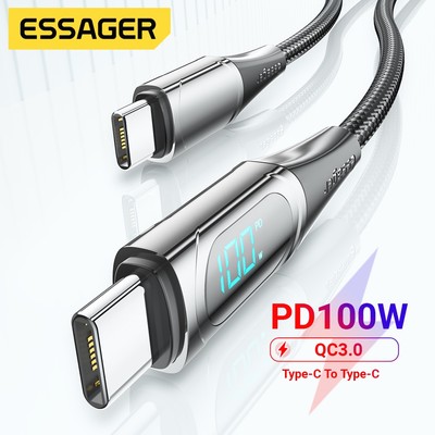 Cáp sạc nhanh ESSAGER Type C sang Type C có màn hình kỹ thuật số 100W/ 5A cho thiết bị Xiaomi Samsung