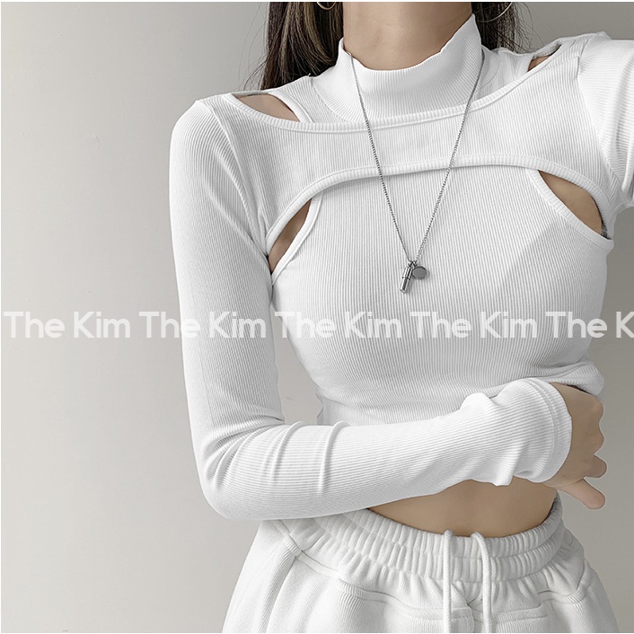 ⊕▧❍Áo thun tăm dài tay cổ cao khoét nách dáng croptop , gân 3 phân ôm body The Kim AD122