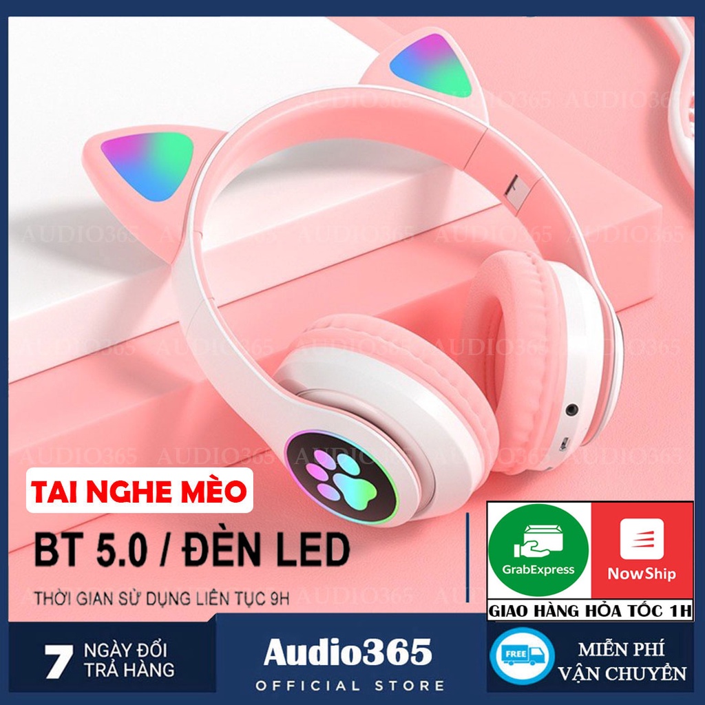 Tai nghe mèo bluetooth phát sáng Audio365 STN28 có mic kiểu dáng cute có khe cắm thẻ nhớ