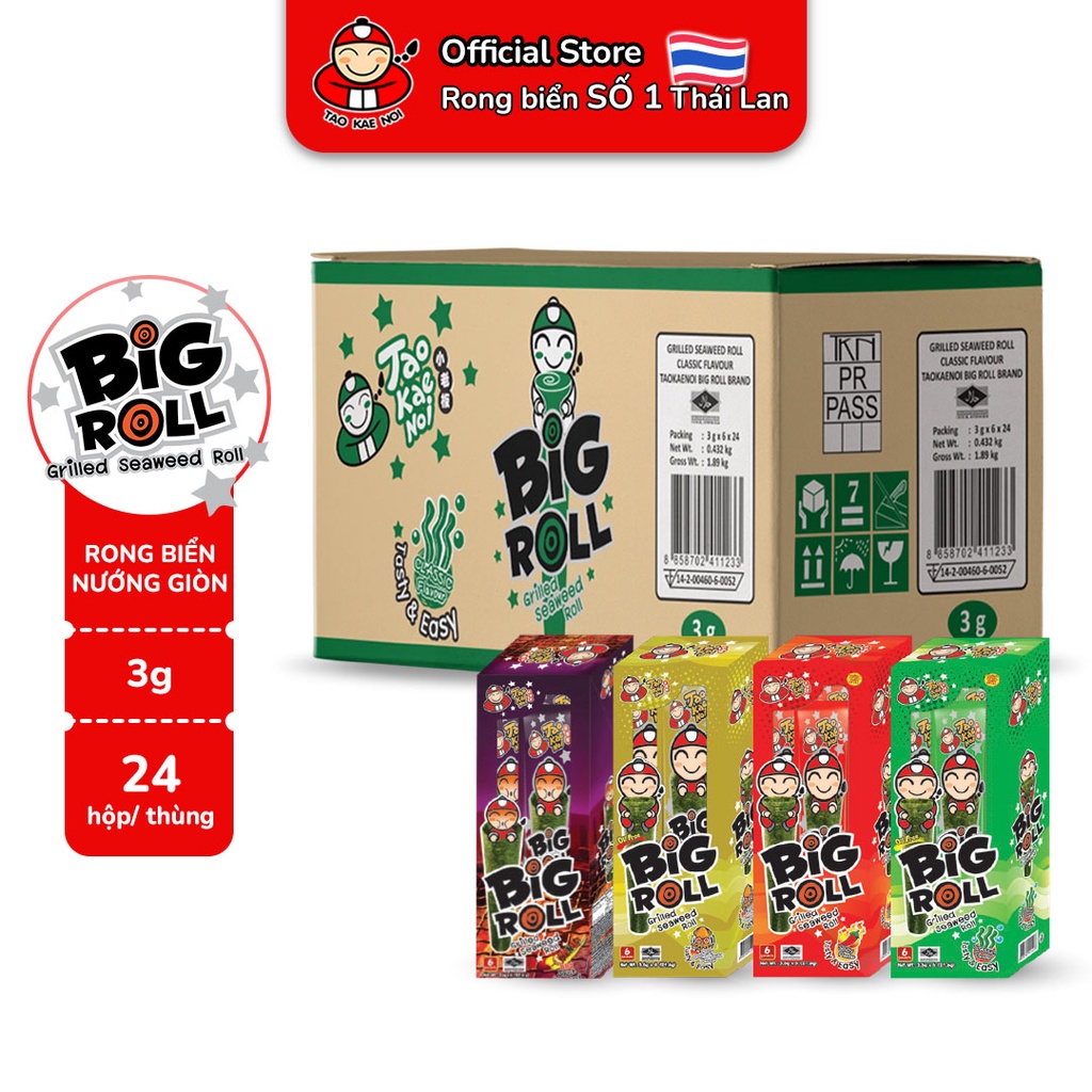 [Thùng] Snack rong biển BIG ROLL Tao Kae Noi Thái Lan 6 nhiều vị (24 hộp)