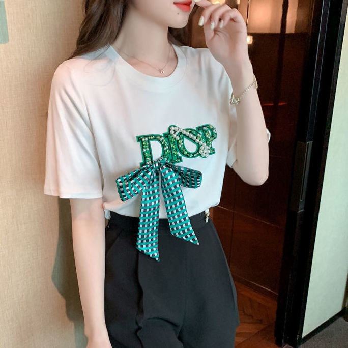 Áo thun nữ ngắn tay cổ tròn in chữ đính đá phong cách phương tây