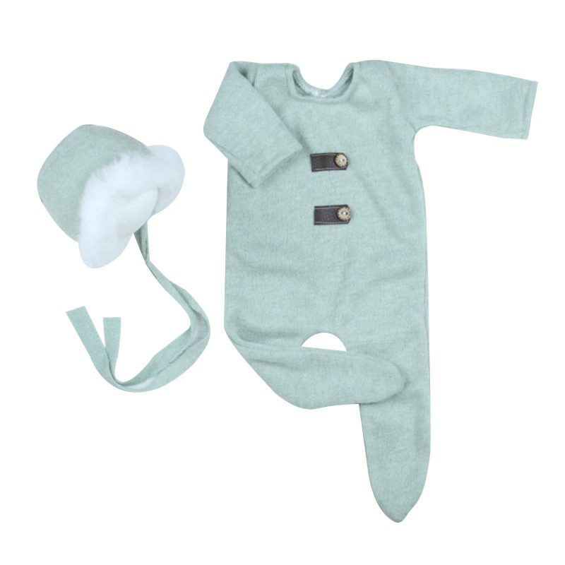 Bộ 2 Món Gồm Áo Liền Quần Dệt Kim + Mũ Beanie Dễ Thương Làm Phụ Kiện Chụp Ảnh Cho Bé Sơ Sinh