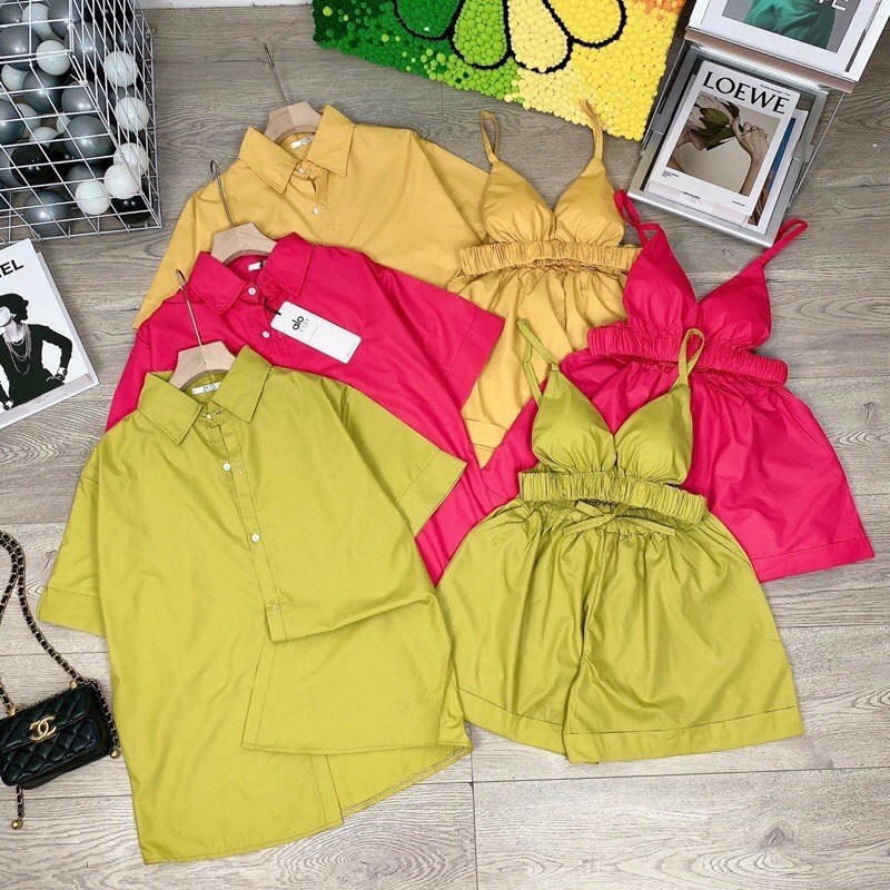 set 3 món áo bra kèm áo sơ mi khoác quần short đùi chất đũi mềm k