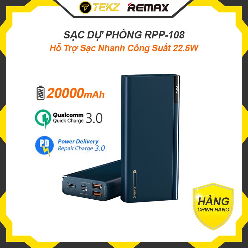 Pin Sạc Dự Phòng Remax RPP-108 20000mAh Lõi Pin Polyme, Hỗ Trợ Sạc Nhanh Lên Đến 22.5W, Quick Charge C3.0, PD3.0