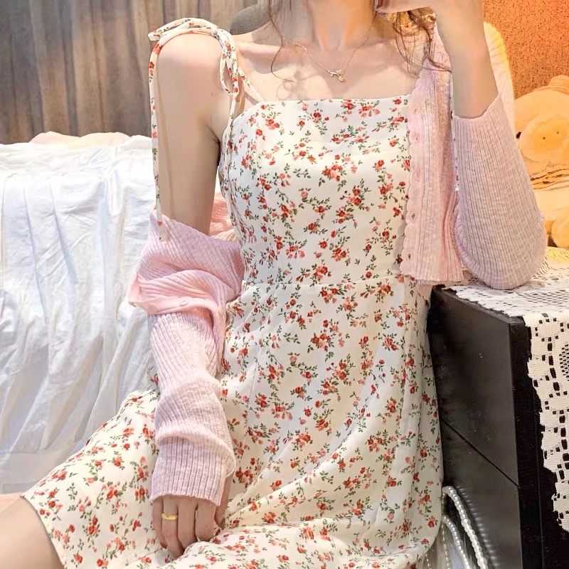 Váy 2 dây hoa  Mùa hè Váy ngắn có tính cách ngọt ngào và nhẹ nhàng nữ