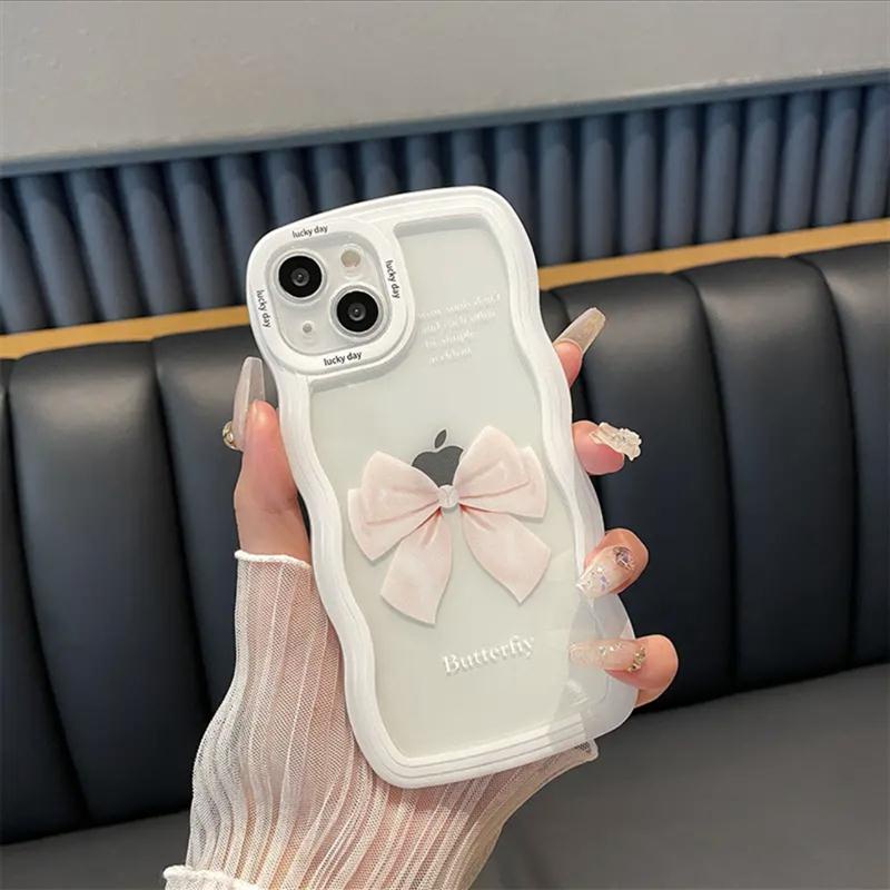 Ốp Điện Thoại Họa Tiết Lượn Sóng Đính Nơ Dễ Thương Gắn Dây Đeo Tay Cho Iphone 13Promax 1112Minixr78Plus