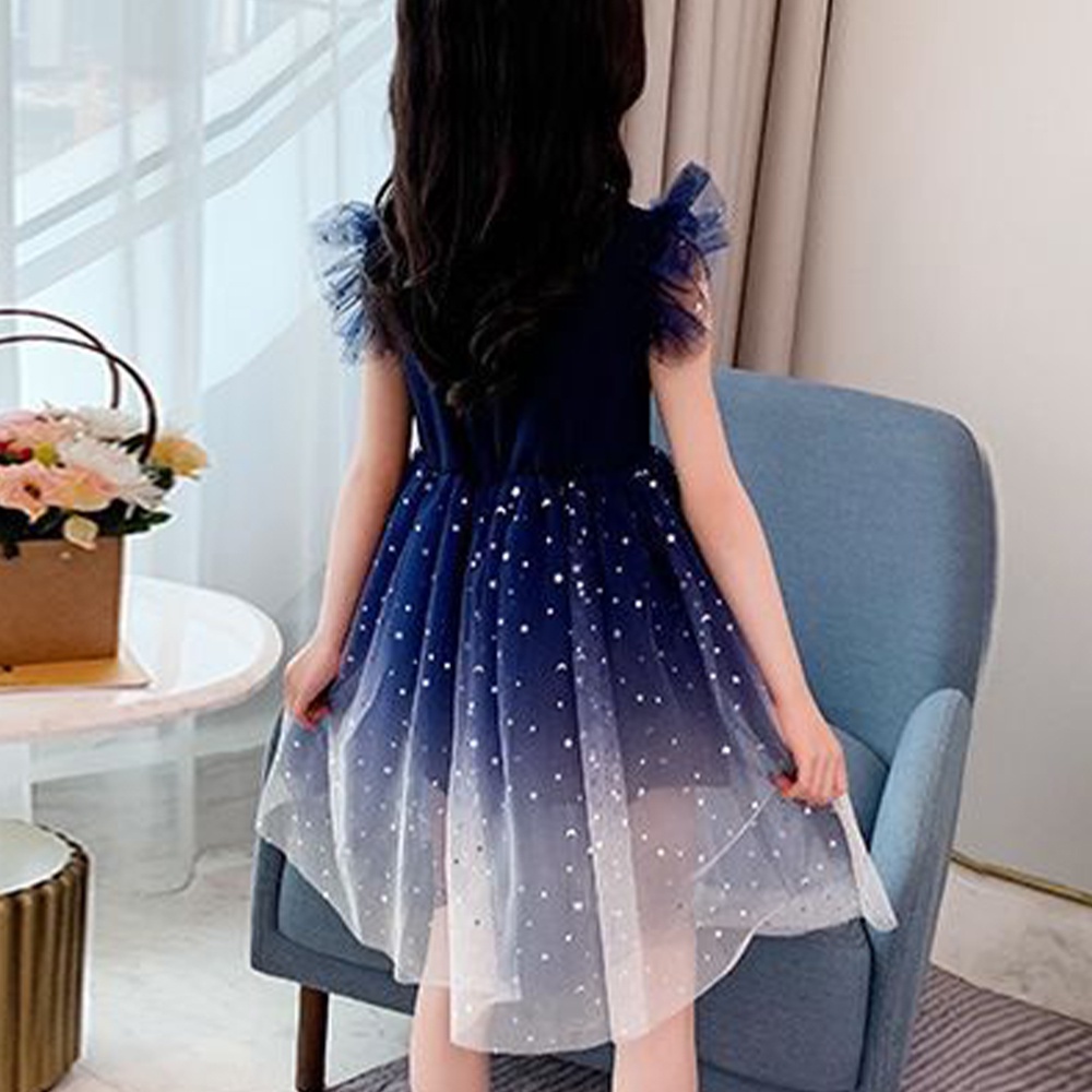 Đầm Công Chúa Tay Ngắn Phối Ren Lưới Màu Gradient Dễ Thương Cho Bé Gái