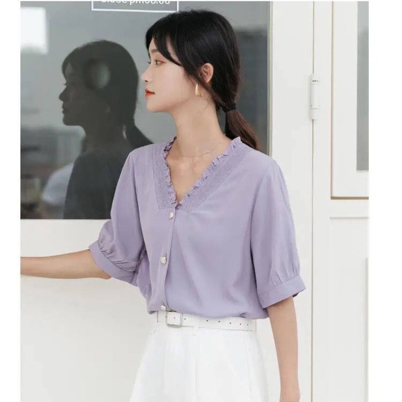 Áo Sơ Mi Voan Cổ Chữ V In Họa Tiết Hoa Oải Hương Phong Cách retro Pháp Dành Cho Nữ