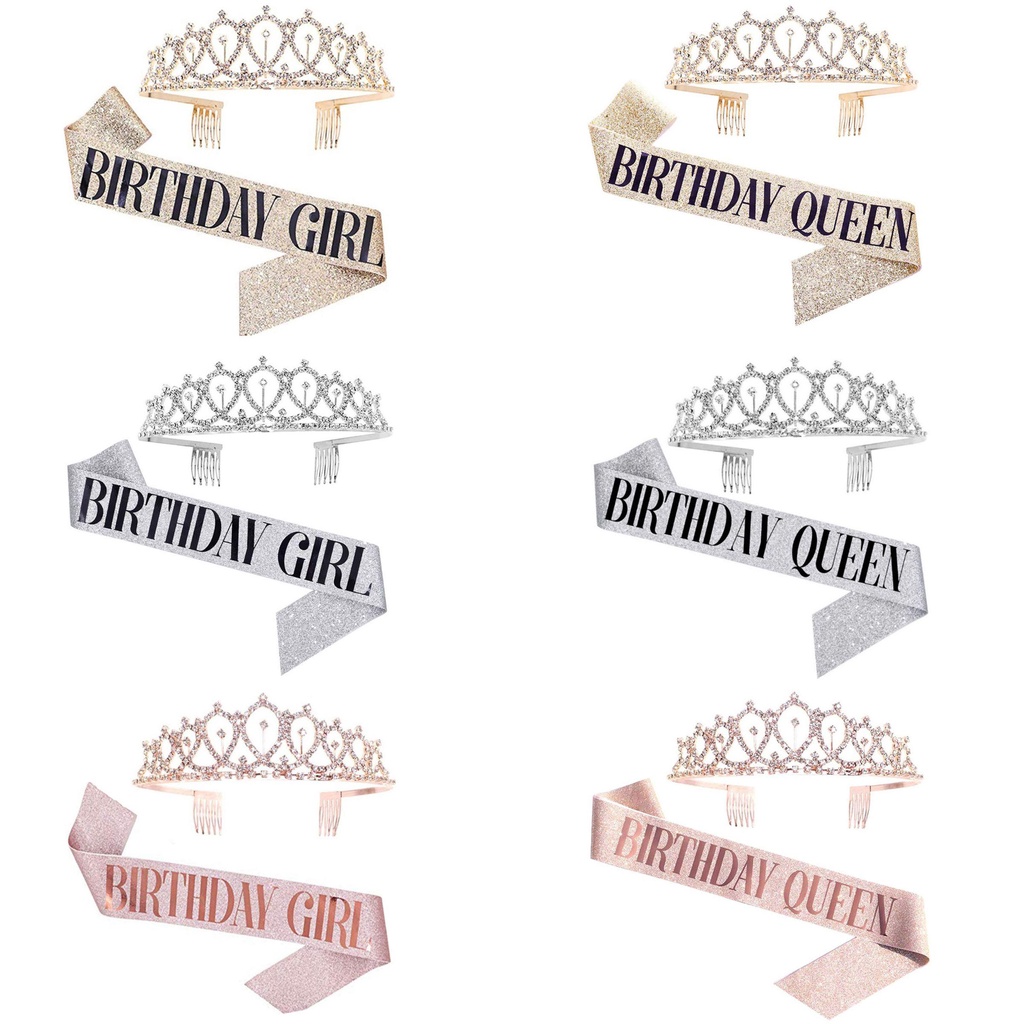 ✿EUTUS✿ 2Pcs/Set New Crown Headwear Women Girls Queen Crowns Birthday Sash Gifts Birthday Decoration Metal Shiny|Tiara Set/Multicolor