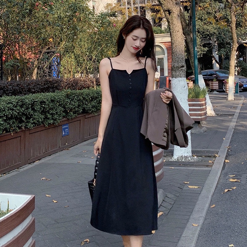 Đầm Hai Dây Màu Đen Phong Cách Hàn Quốc Cổ Điển Thời Trang Cho Nữ