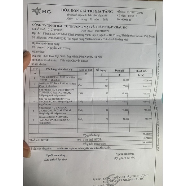 Sữa Rửa Mặt Các vị Hàng Cty HC việt nam