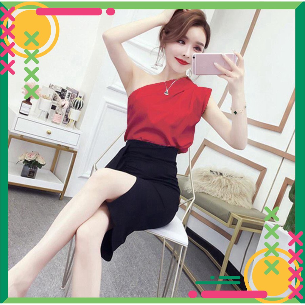 xả kho 1122A15B1 Áo kiểu nữ hở vai 1 bên siêu sang chảnh, vải phi bóng mềm tuyệt đẹp xả kho