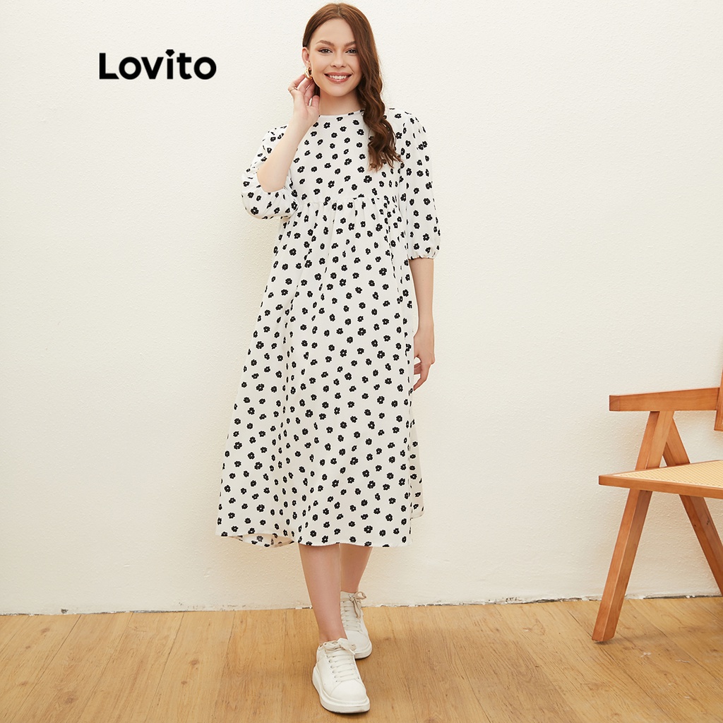 Lovito Đầm Hoa Tay Dài Cổ Tròn L20D090