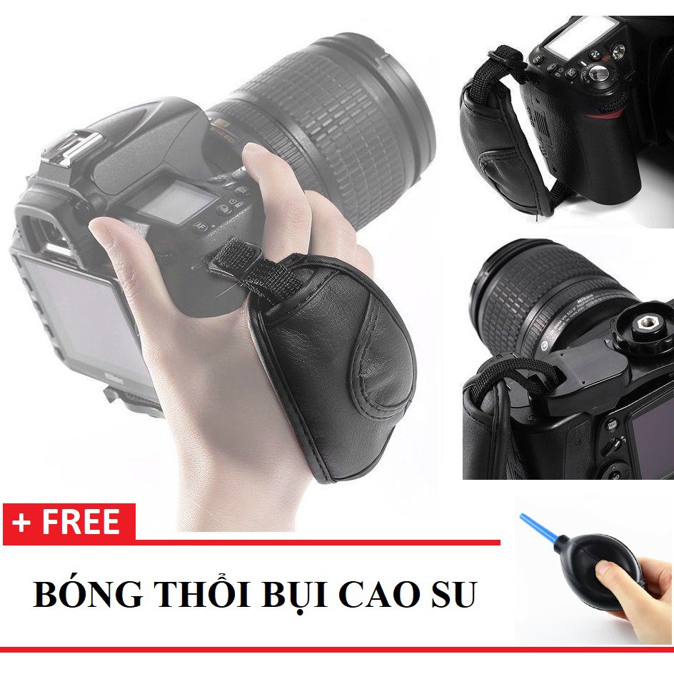 ✔️✔️ DÂY ĐEO MÁY ẢNH HỖ TRỢ CẦM 1 TAY DA PU - TẶNG 1 BÓNG THỔI BỤI CAO SU