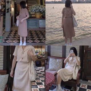 Set Bộ Áo Chân Cổ Bẻ Chân Váy Đũi CHANREEN [FREESHIP] Set đồ thanh lịch, diện đi học, đi làm đều xinh xắn, chất đũi mát