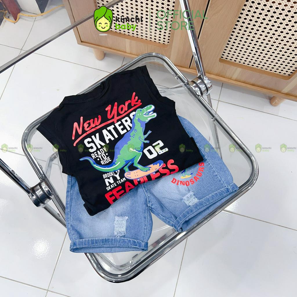 Đồ Bộ Cho Bé Trai, Bé Gái Áo Cotton Quần Jeans Họa Tiết Khủng Long Dễ Thương, Bộ Quần Áo Cho Bé Mặc Nhà CK341