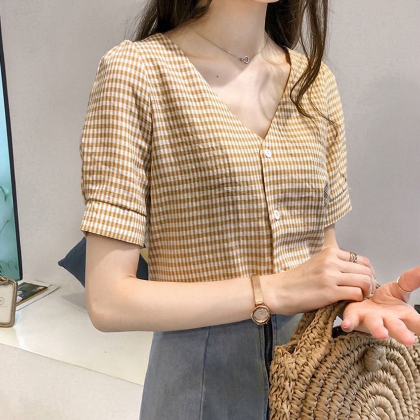 NEW HIPSTER JUMPER Áo Sơ Mi Ca Rô Ngắn Tay Cổ Tim Phong Cách Cổ Điển Dành Cho Nữ