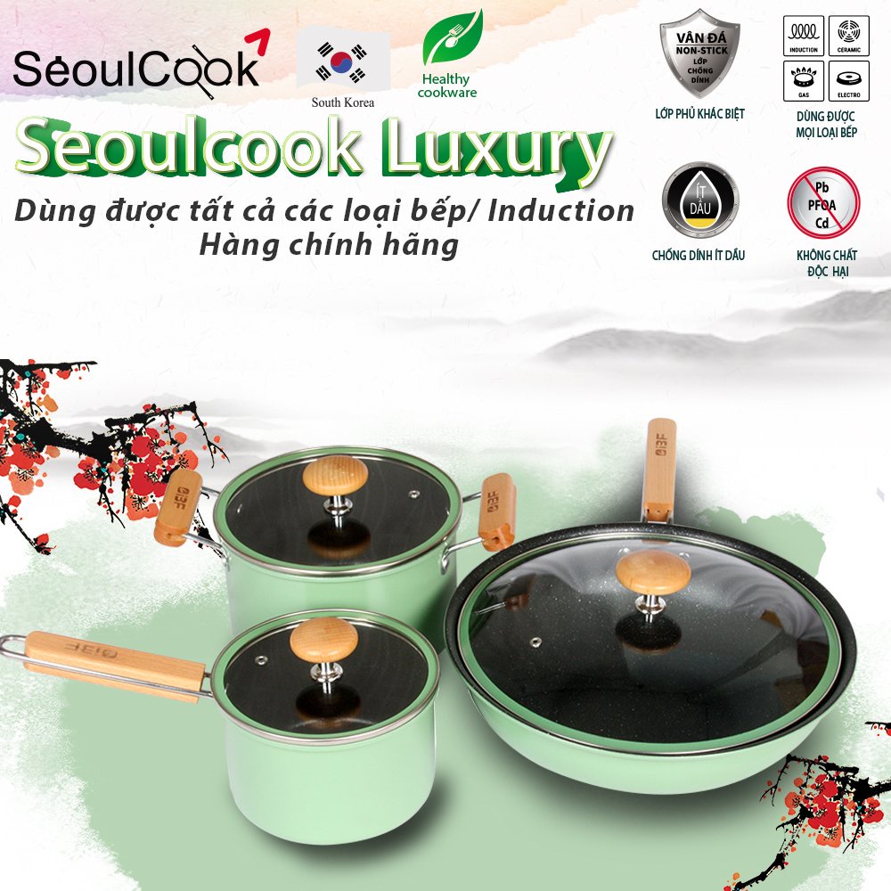 Seoulcook Luxury–Bộ 3 món nồi chảo đáy từ cao cấp Hàn Quốc, chống dính vân đá, dùng được tất cả các loại bếp/ Induction