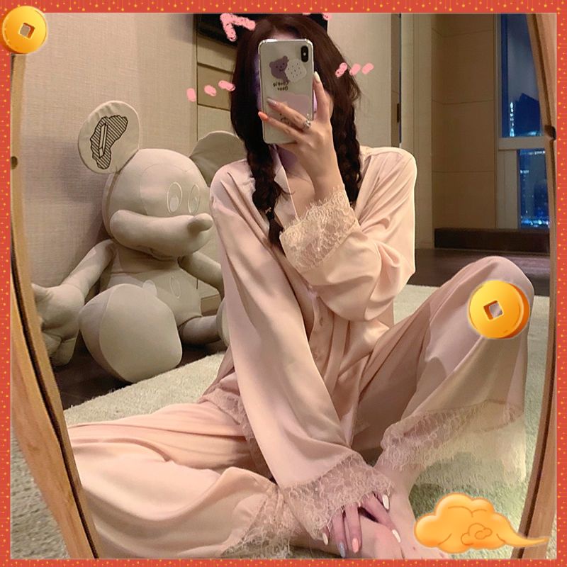 Set đồ ngủ dài tay viền ren phong cách công chúa thời trang xuân thu mới xinh xắn cho nữ