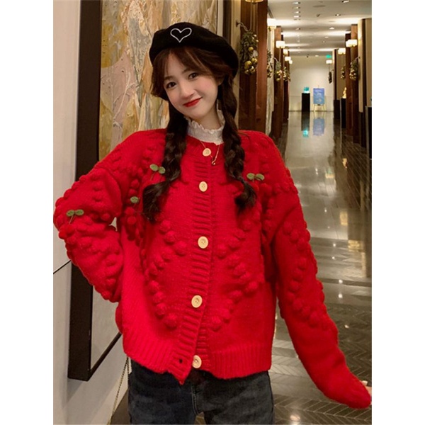Áo Khoác Cardigan Len Đan Hình Quả Cherry 🍒 Siêu Dễ Thương Phong Cách Hàn Quốc