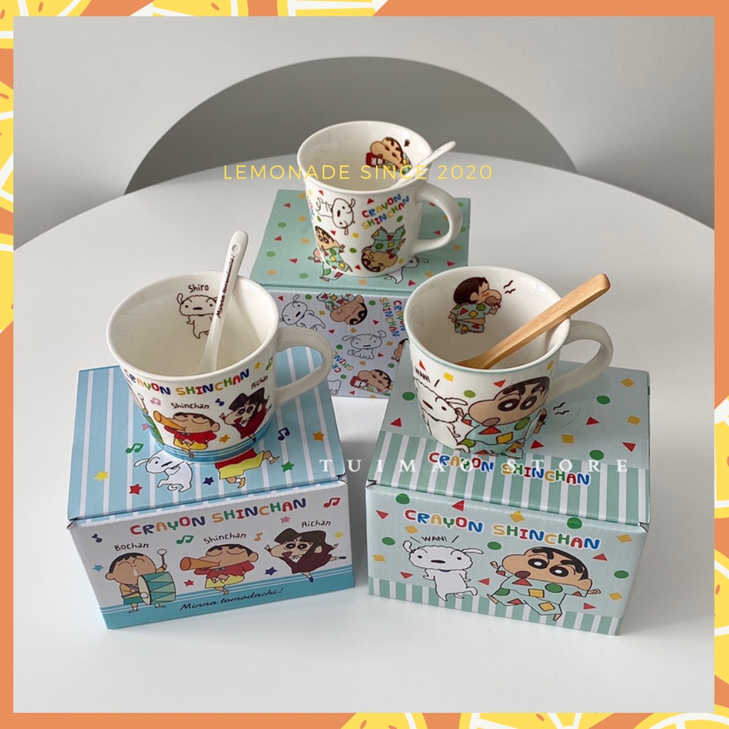 Cốc gốm Phim hoạt hình Shin Cậu Bé Bút Chì full box hộp quà tặng kèm thìa muỗng dễ thương