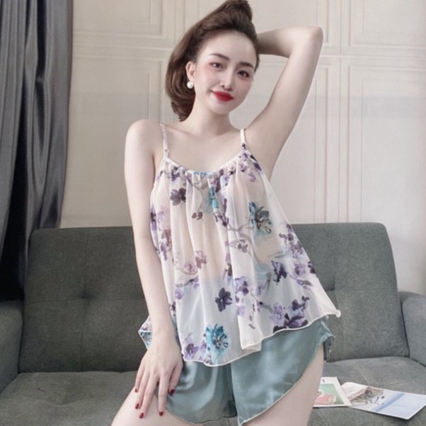 Set Đồ Ngủ Sexy Nữ Gợi Cảm❤️ Bộ Đồ  Đùi Cột Dây Chiffon Phối Satin Nữ Sexy❤️ | BigBuy360 - bigbuy360.vn