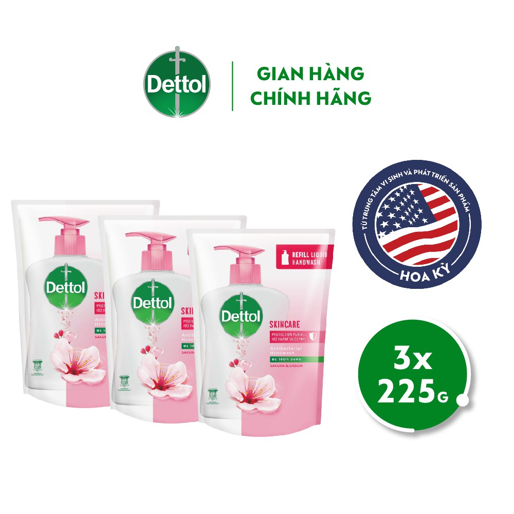 Combo 3 túi nước rửa tay Dettol dưỡng da 225g x 3