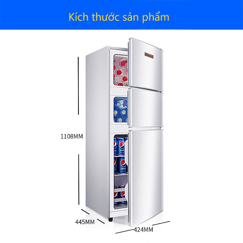 Tủ lạnh 3 cánh 148L VBELL màu bạc tủ lạnh mini tủ lạnh cỡ nhỏ ba cửa 3 cánh 3 ngăn làm lạnh, đông mềm, đông đá H28SI*