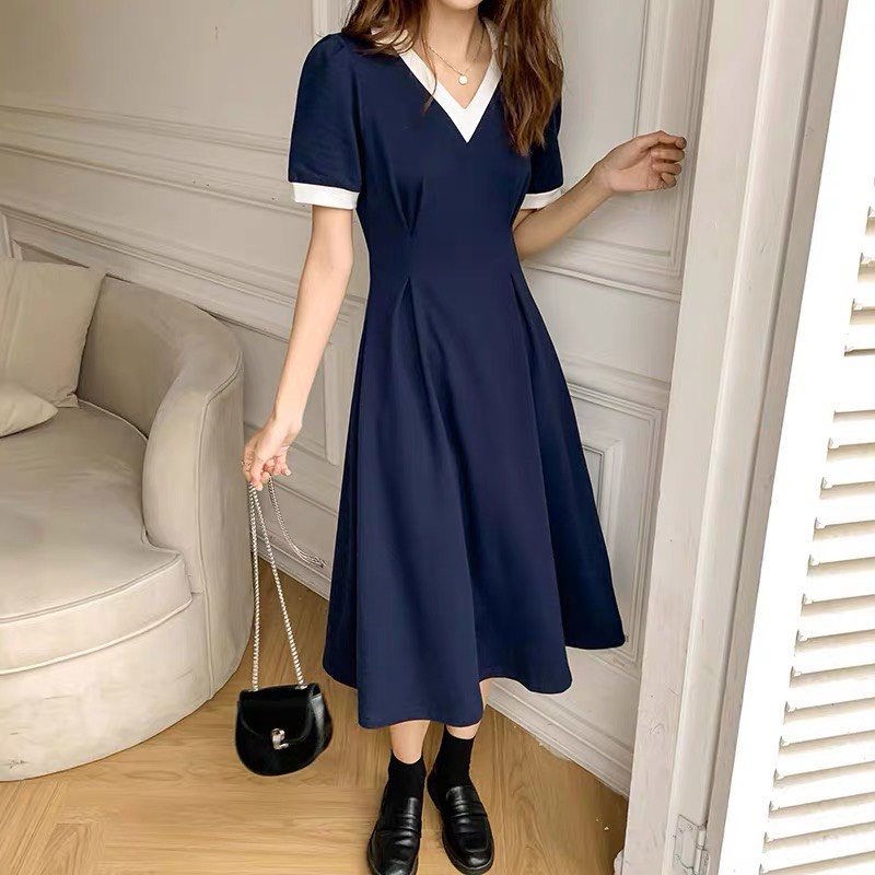 Váy đầm xanh hai dáng ngắn dài cổ V trắng basic phong cách mới kiểu Pháp