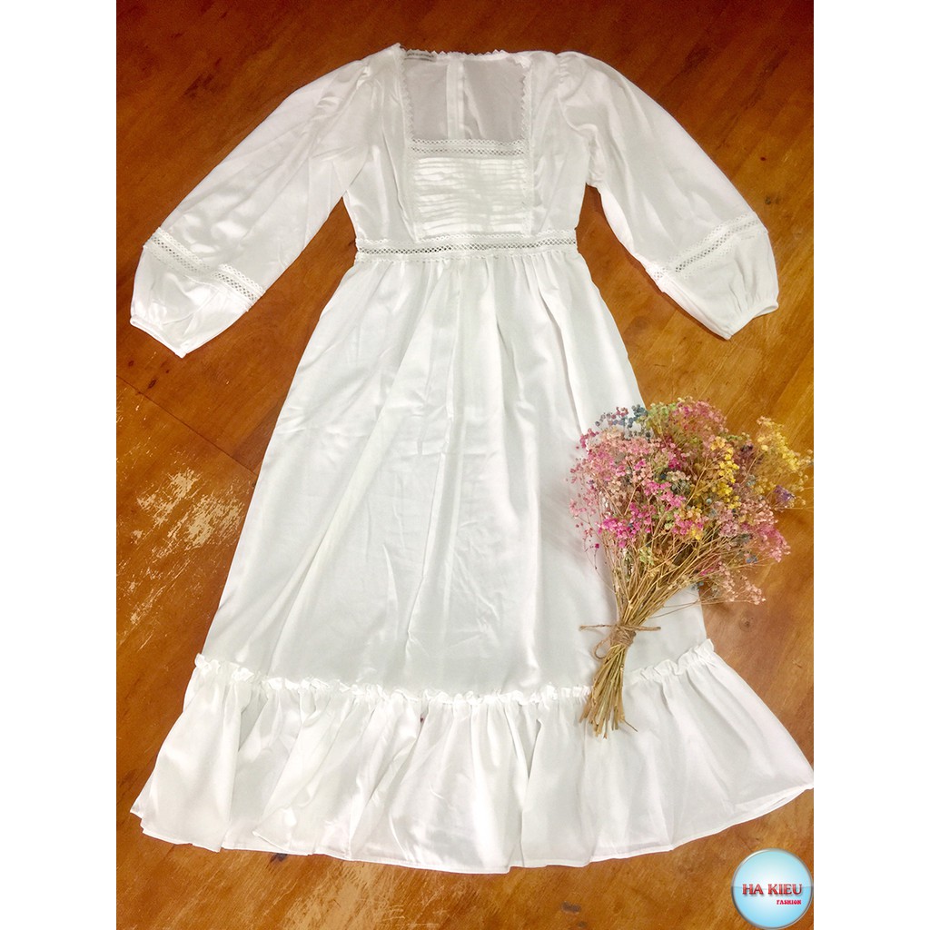 Đầm maxi trắng phối ren dáng xoè, ngực dập ly