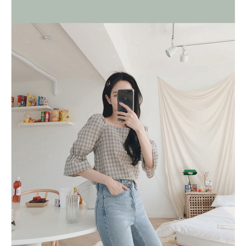 SUXI Áo kiểu tay lỡ hở lưng họa tiết sọc ca rô phong cách Hàn Quốc thời trang dành cho nữ