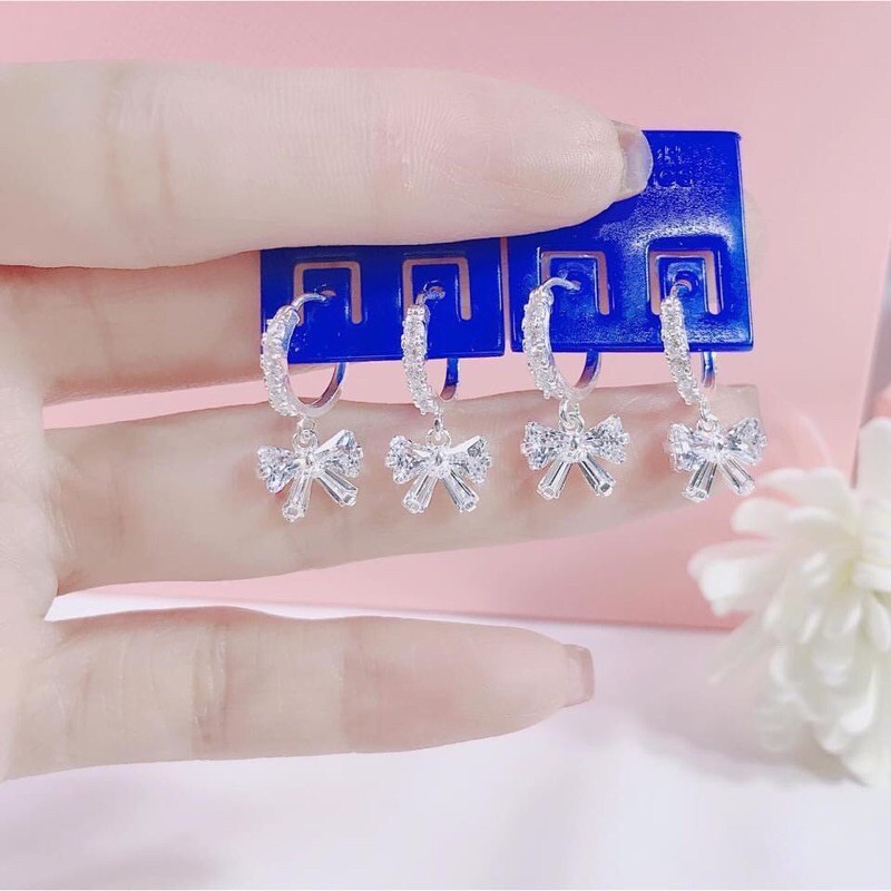 Khuyên Tai Bạc Khoen Tròn Móc Máy Thả Hình Nơ- Trang Sức TNC JEWELLERY