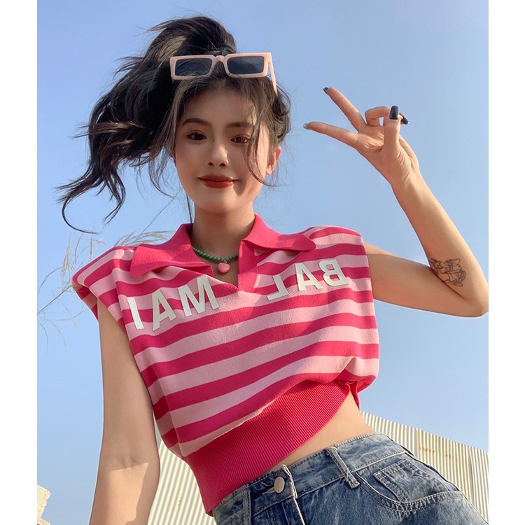 Áo croptop QKOOLE không tay hoạ tiết kẻ sọc phong cách Hàn Quốc