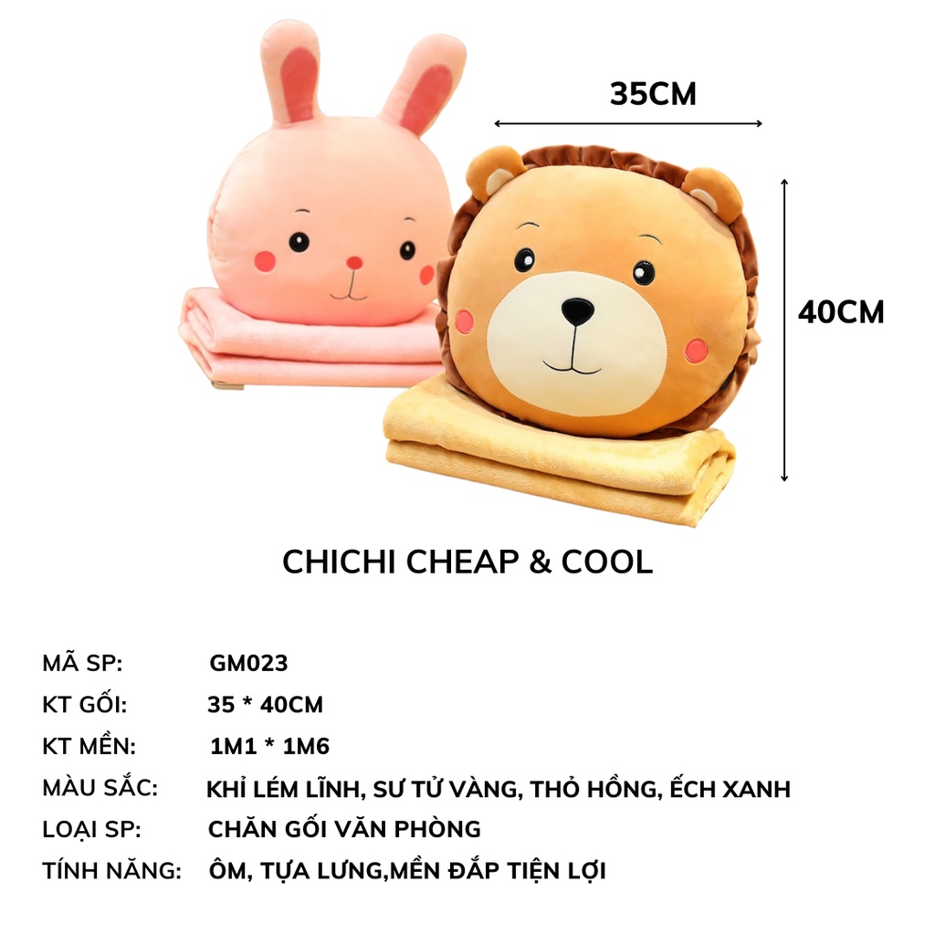 Chăn Gối Văn Phòng 3 Trong 1 Khỉ Ếch Thỏ và Sư Tử GM023 Chichi,Gấu Ngủ Kèm Mền siêu cute phù hợp mọi lứa tuổi.