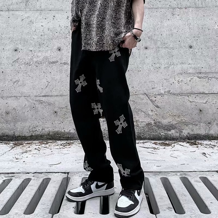 ThờI Trang QuốC HàN ĐẹP Quần Jean Đen Dáng Suông In Chữ Thập Cá Tính Phong Cách Harajuku Cho Nam QuầN VảI ỐNg SuôNg Nam