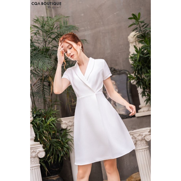 Đầm Công Sở Thiết Kế Cổ Vest Trắng Tay Ngắn Cao Cấp Thương Hiệu CQA BOUTIQUE CQA0079