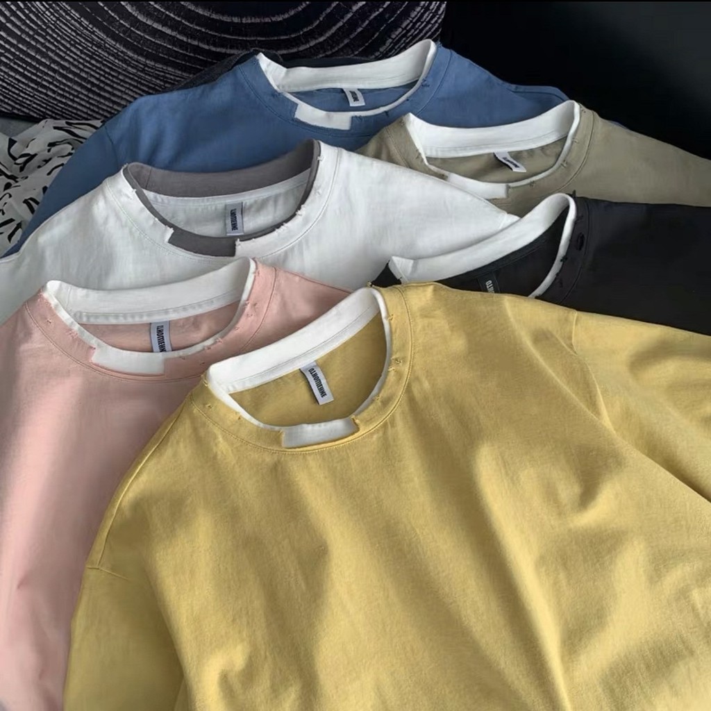 Áo thun FORM RỘNG FREESIZE Unisex cổ rách layer  chất cotton dày dặn mềm mịn | BigBuy360 - bigbuy360.vn