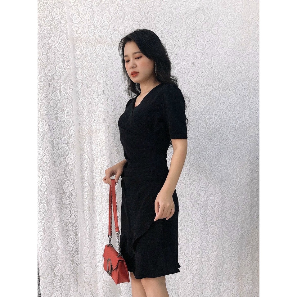 Đầm ôm cổ đắp chéo, xếp ly eo, bèo lai tôn dáng S&amp;M GR195- Hình thật do shop chụp