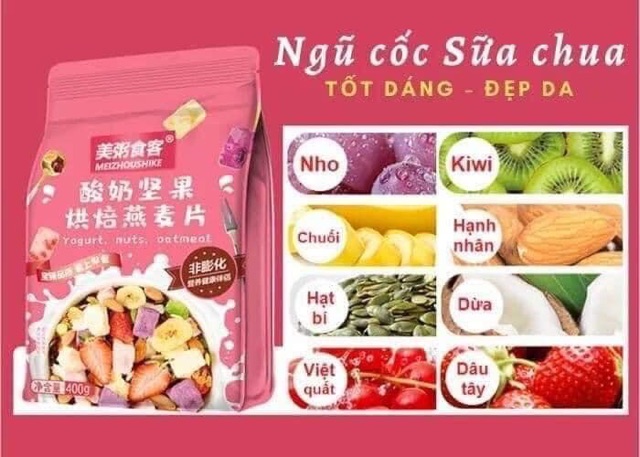 VỀ DATE MỚI NGŨ CỐC YẾN MẠCH MIX TRÁI CÂY YOGURT Túi 400G GIẢM CÂN ĂN KIÊNG TÚI HỒNG