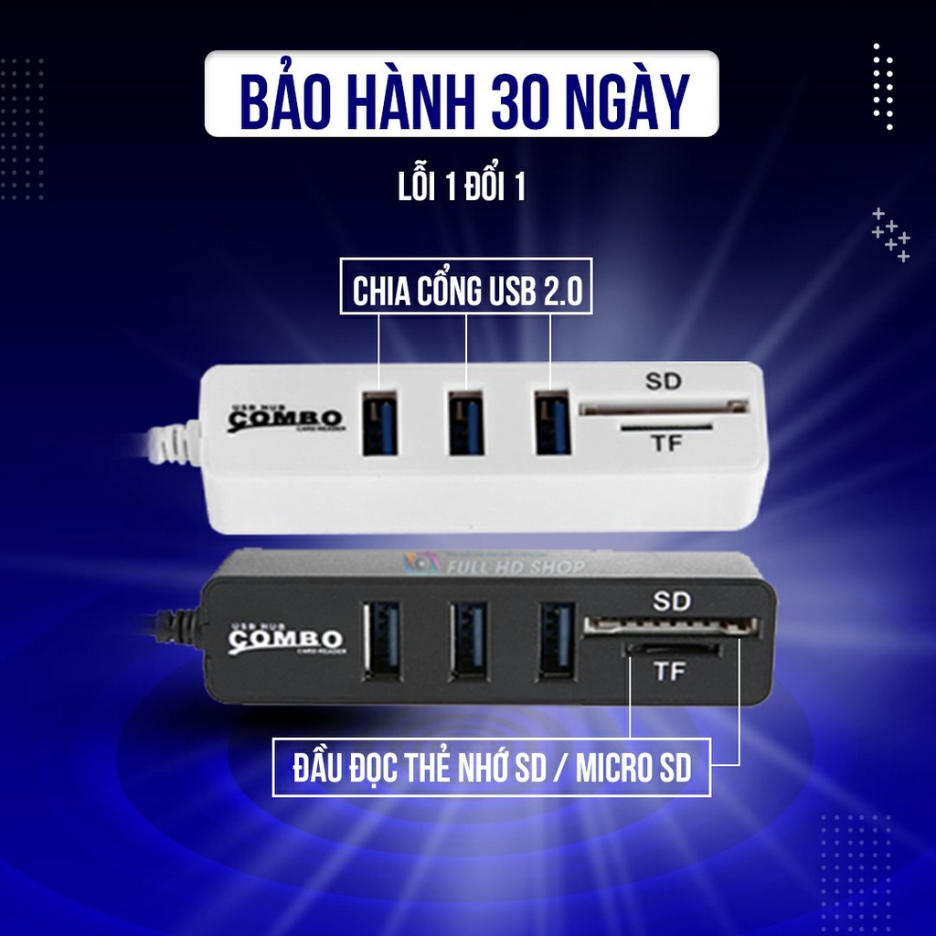 Bộ chia 3 cổng USB - Hub chia cổng USB tích hợp đầu đọc thẻ tiện dụng - Full HD Shop Mã HD12