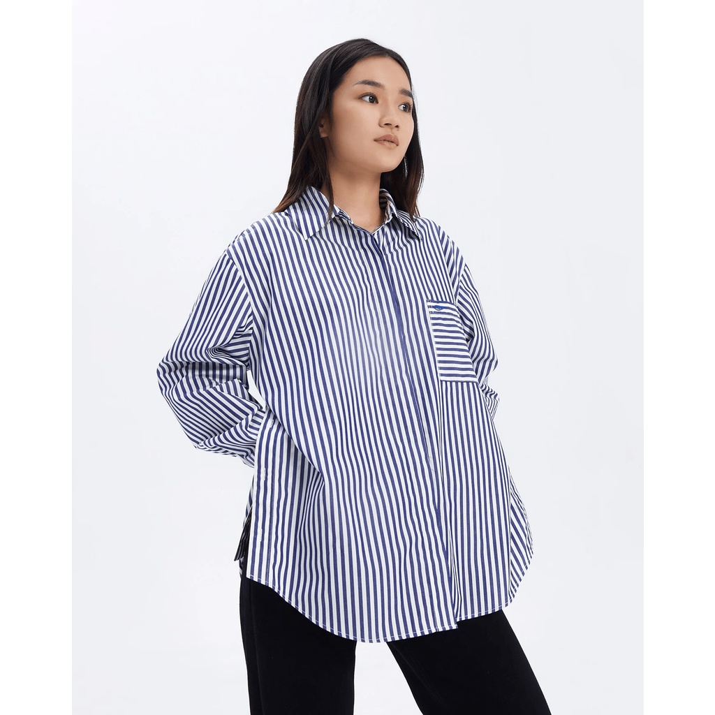 TheBlueTshirt - Áo Sơ Mi Nữ Phom Rộng Sọc Xanh Dương Đậm - Office Life Oversized Pocket Shirt - Bold Stripe