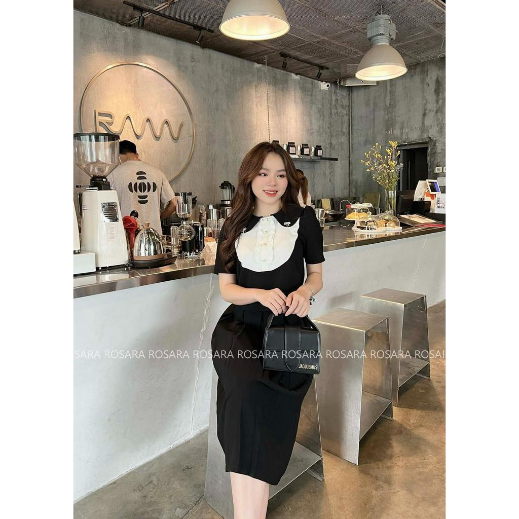 Áo Sơ Mi Đen Cộc Tay Cổ Sen Phối Ngực Trắng Thời Trang Nữ Rosara SM111