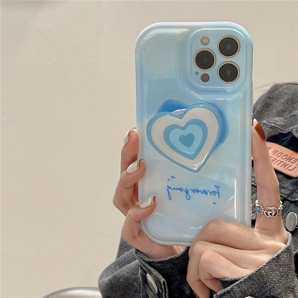 Ốp Điện Thoại Silicon Dẻo Họa Tiết Trái Tim Màu Xanh Dương Kèm Giá Đỡ Cho IPhone 12 13 11 Pro Max X Xs Max Xr 7 8 Plus