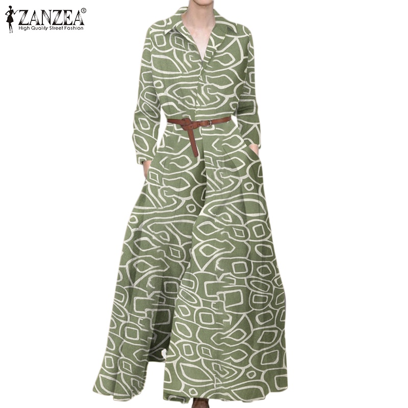 Đầm dài ZANZEA thiết kế xếp ly cổ bẻ tay dài in họa tiết hình học dành cho nữ